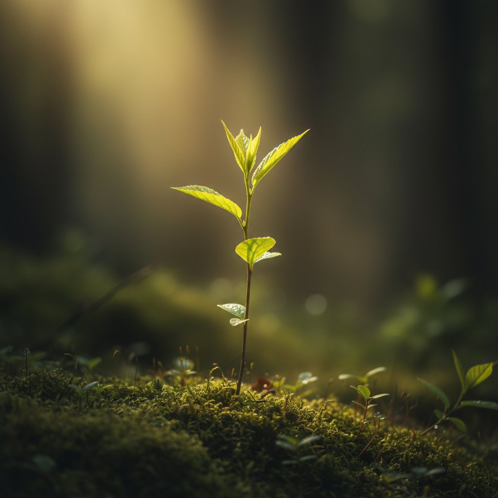 A young sapling rising above the forest undergrowth toward the light